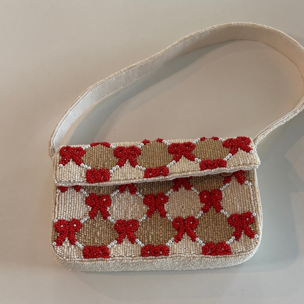 Anthropologie Elegant Beaded Shoulder Bag with Red bow Accents